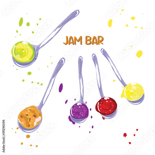 Set of spoons with colorful fruit jelly and jam dots