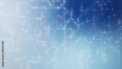 Digital technology background with glowing blue data network, modern cyber communication concept showing computer processor, integrated circuit board, electronic hardware components in futuristic
