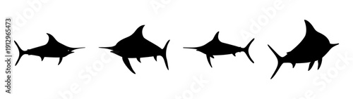 Silhouette Collection of Blue Marlin Fish Swimming Vector Illustration, Flat Design