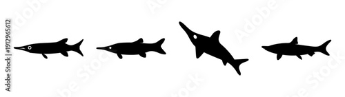 Set of black silhouetted fish and shark icons, marine life vector illustration