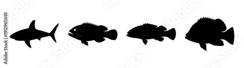 Set of black fish silhouettes on white background vector illustration