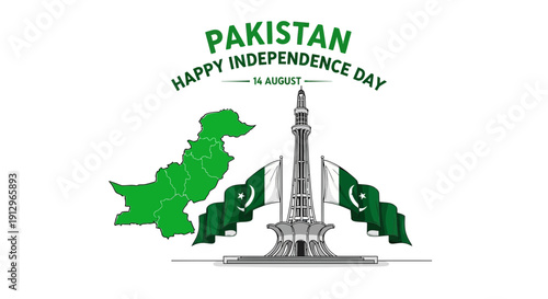 Pakistan independence day celebration with national monument and flags
