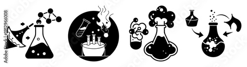 Science laboratory equipment set with chemical reactions and experiments illustration