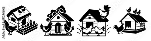 Black and white chicken coop illustration set with fire and storm vector design elements