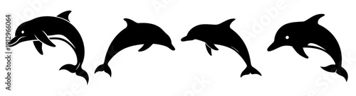 Pod of dolphins leaping in ocean waves minimalist black silhouette vector illustration