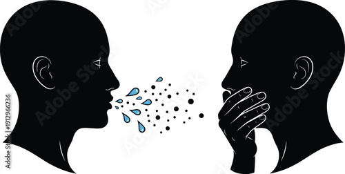 Silhouette of two human profiles facing each other with airborne droplets symbolizing respiratory transmission for health and design themes