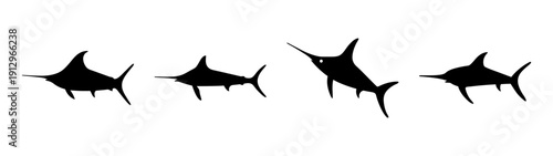 Swordfish Silhouettes in Various Poses Flat Design vector illustration