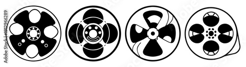 Set of four vintage reel to reel tape icons isolated on white background vector illustration
