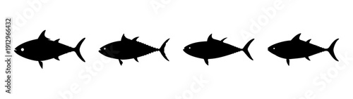 Yellowfin Tuna Silhouettes in Various Poses, Flat Design Vector Illustration