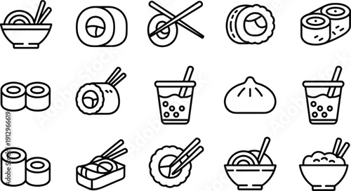 Asian food icon set, sushi noodle dumpling line icons, Japanese cuisine symbols, black white vector illustration collection