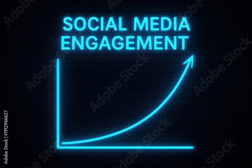 Glowing Social Media Engagement Growth Chart on Dark Brick Background, Neon Marketing Analytics Curve Showing Audience Increase