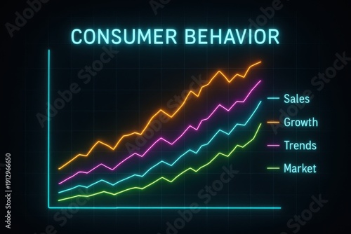 Consumer Behavior Analytics Dashboard with Neon Sales Growth Trends and Market Performance Data Visualization
