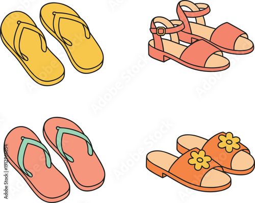 Colorful Flip Flops, Strappy Sandals, and Floral Slides Collection Vector Illustration