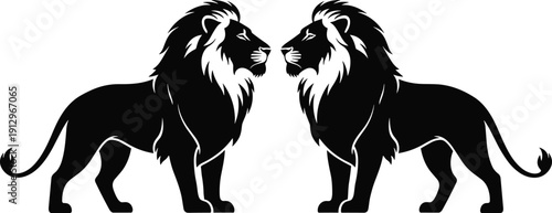 Silhouette of two symmetrical lions facing each other with prominent manes and curved tails for strength and design themes 