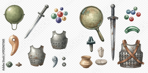 Ancient watercolor set with historical artifacts, weapons, armor, and decorative elements on a transparent background.