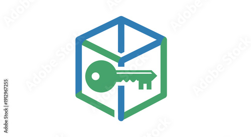 Green key inside blue cube symbol.