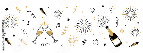 Hand-drawn celebration scene: popping champagne, splashing liquid, two clinking glasses, fireworks, streamers, music notes and stars on white background with copy space