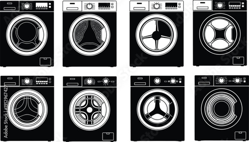 Front loading washing machine appliance icon set with different drum designs black silhouette vector collection for laundry equipment illustration use