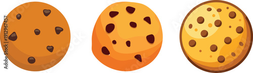 Vector illustration of three chocolate chip cookies on white background