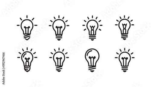 Light Bulb Icons Set, Idea Generation, Innovation and Solutions, Simple Line Art