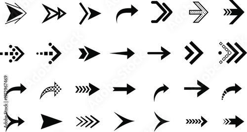 Modern arrow direction icon set with geometric tech style pointers in black vector collection isolated on light background design