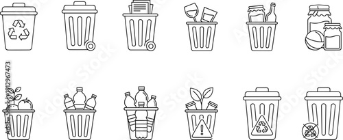 Recycling and waste sorting bin line icon set with plastic glass paper organic trash symbols for environmental sustainability design use collection