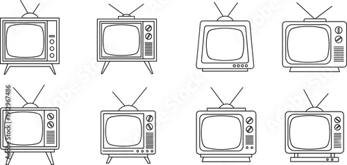 Vintage retro television set line icon collection with antenna screens classic tv silhouettes isolated vector illustration for media design use