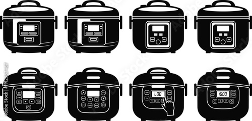 Set of electric pressure cooker and multicooker appliance silhouette icons with digital control panels isolated on white background vector collection