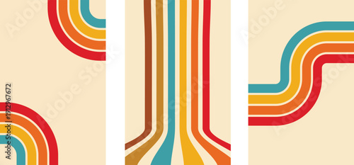 Set of retro 70s geometric posters in orange, red ,teal and brown over beige background. Ideal for vintage wall art, covers and flyers