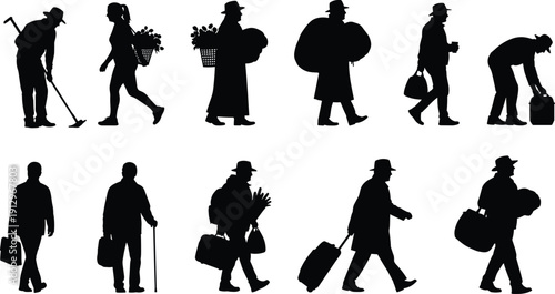 People walking silhouettes collection with luggage, tools and bags, everyday lifestyle characters vector set, travelers workers pedestrians isolated black illustration