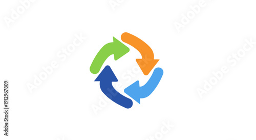 Recycling symbol with three arrows.