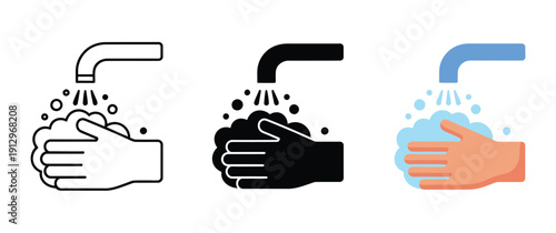 Hand washing vector icon illustration, isolated on white background, clean vector design for personal hygiene, disease prevention, hand sanitation, COVID-19 safety measures, healthcare, 