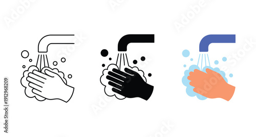 Hand washing vector icon illustration isolated on white background, hygiene concept representing washing hands with soap and water, coronavirus prevention, cleanliness, health safety, and public aware