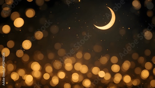 Beautiful Crescent Moon and Bokeh Lights in the Night Sky.