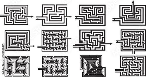 Collection of various maze designs and patterns in black
