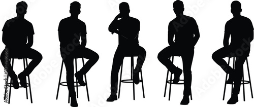 Silhouette illustration of five seated individuals on stools in varied poses, highlighting human posture, body language, and minimalistic design for art and ergonomics concepts