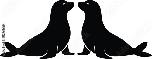 Symmetrical silhouette illustration of two seals facing each other upright with flippers extended, vector artwork symbolizing balance, partnership, duality, nature, wildlife, and marine animal design