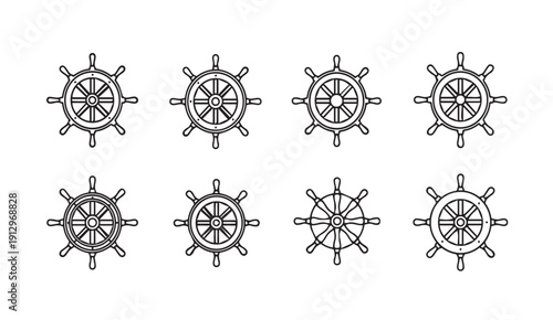 Set of Ship's Wheel Icons, Nautical Helm Designs, Vector Illustrations, Stock Media