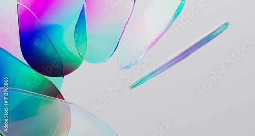 Obraz na plátne Artistic 3d rendering of scattered translucent glass plate with vibrant rainbow holographic texture