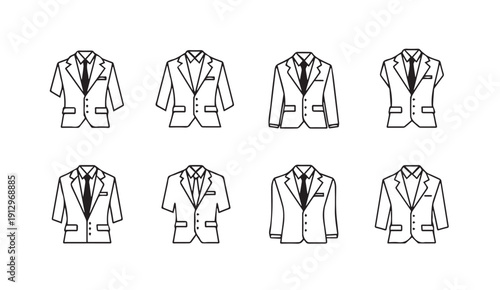 Set of suit jacket icons with ties, clean line art, isolated on white background