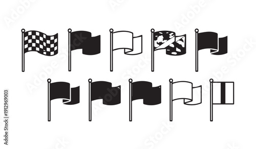 Set of various flag icons, including checkered, solid, and patterned designs, on poles, vector graphics