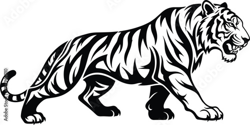 Stylized tiger walking with bold tribal stripe patterns and fierce expression for strength, agility, and design themes