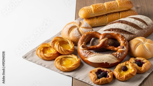 Assortment of Freshly Baked Breads and Pastries on a Table