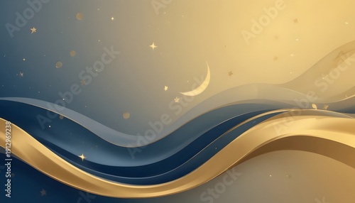 Elegant Abstract Golden Blue Wavy Background with Crescent Moon and Stars.