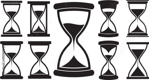 Collection of hourglass icons in black and white colors