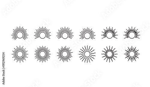 Sunburst Icons Set, Celestial Rays, Minimalist Line Art, Vector Graphics, Stock Media