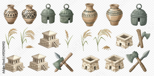Ancient civilization artifacts and symbols set including pottery, bells, structures, and tools.