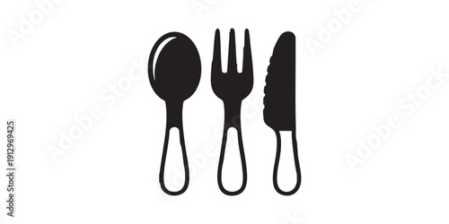 Black and white flat vector icon of wooden utensils: spoon, fork, and knife, soft rounded shapes, minimal outline style, single centered composition, isolated on white background, clean design.