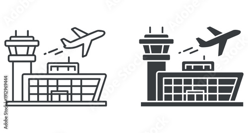 Vector illustration of airport terminal architecture with control tower and flying plane