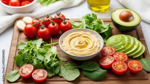 Creamy Hummus Dip Surrounded by Fresh Ingredients on a Wooden Board